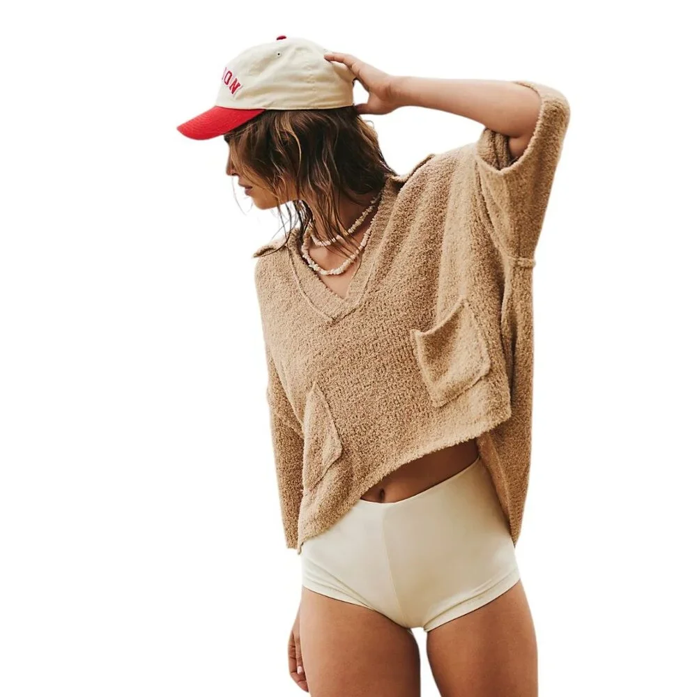 Free People Beige Cropped Off-Shoulder Knit Sweater
